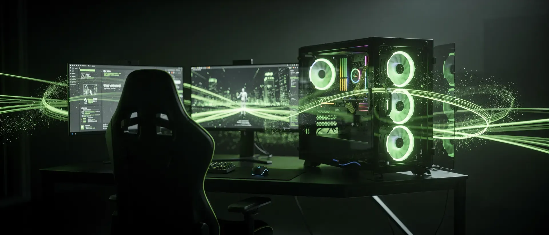 Futuristische Gaming-Workstation in Neon-Grün mit holografischen Datenströmen, mehreren Monitoren und der Silhouette eines Streamers.