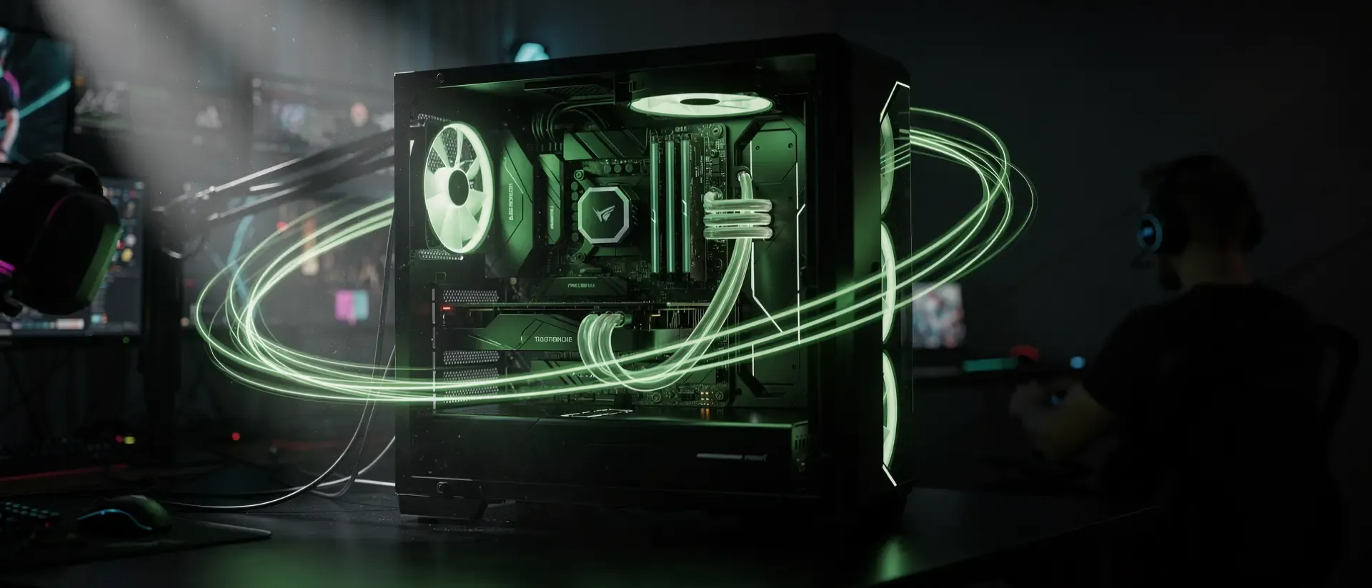 Ein futuristischer Cyberpunk-Gaming-PC in einem dunklen Raum mit leuchtend neongrünen Lichtspuren, glühenden Schaltkreisen und einer Streamer-Silhouette.