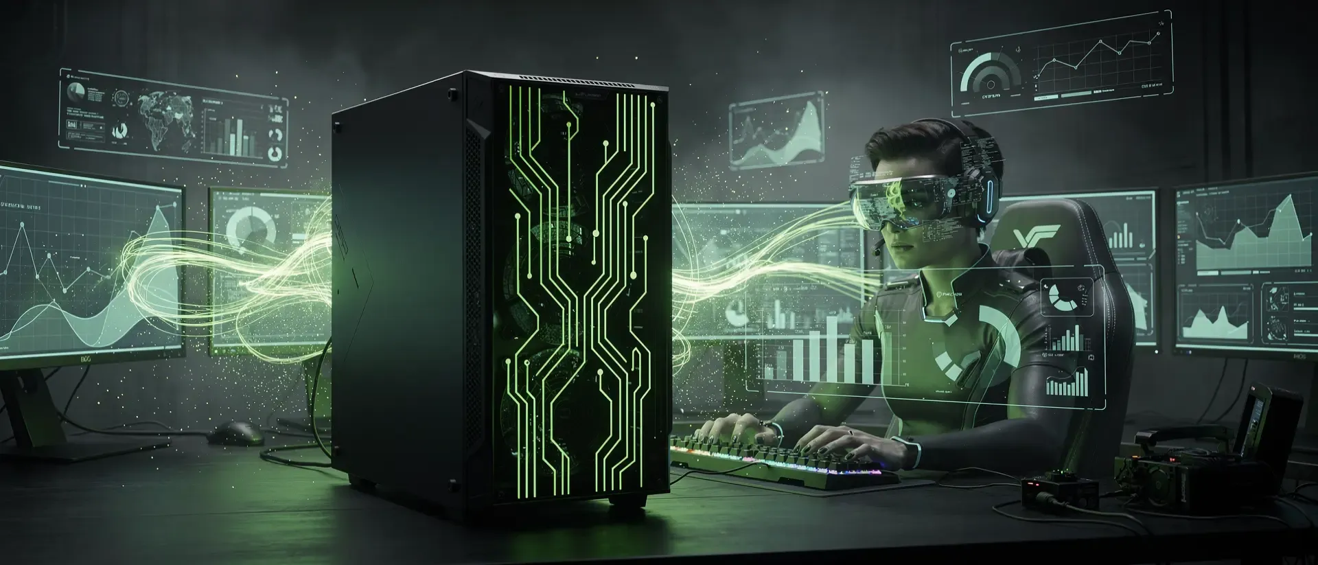 Cyberpunk-Gaming-Setup mit einem dunklen PC-Tower mit neongrünen Schaltkreisen, einem Gamer mit Visier und schwebenden holografischen Anzeigen.