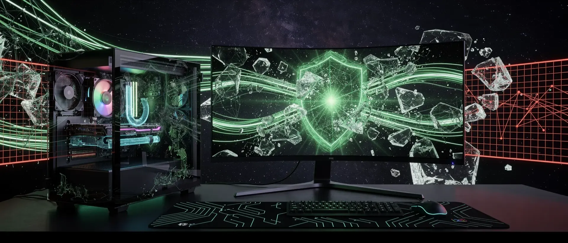 Futuristische Cyber-Cybersecurity-Szene mit neongrünen Datenströmen, die rote digitale Bedrohungen in einem dunklen, holografischen Netzwerk abwehren.