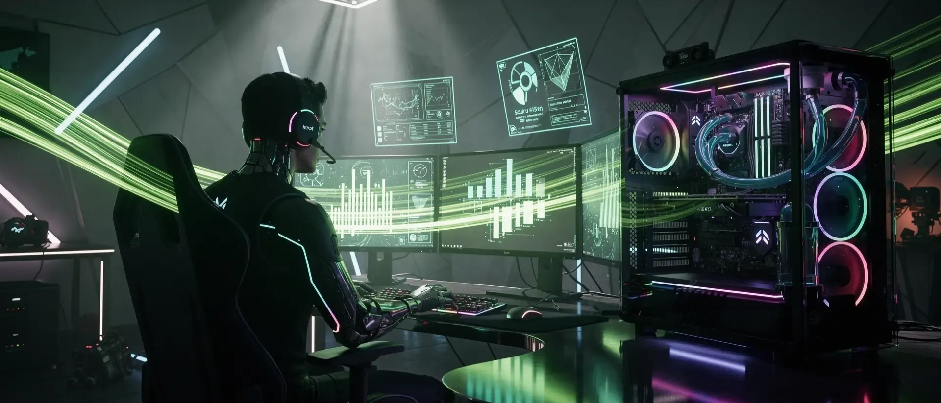 Ein futuristischer Gaming-Bereich mit grün leuchtenden Neon-Lichtspuren, einem High-End-PC und der Silhouette eines Gamers in Cyberpunk-Ästhetik.