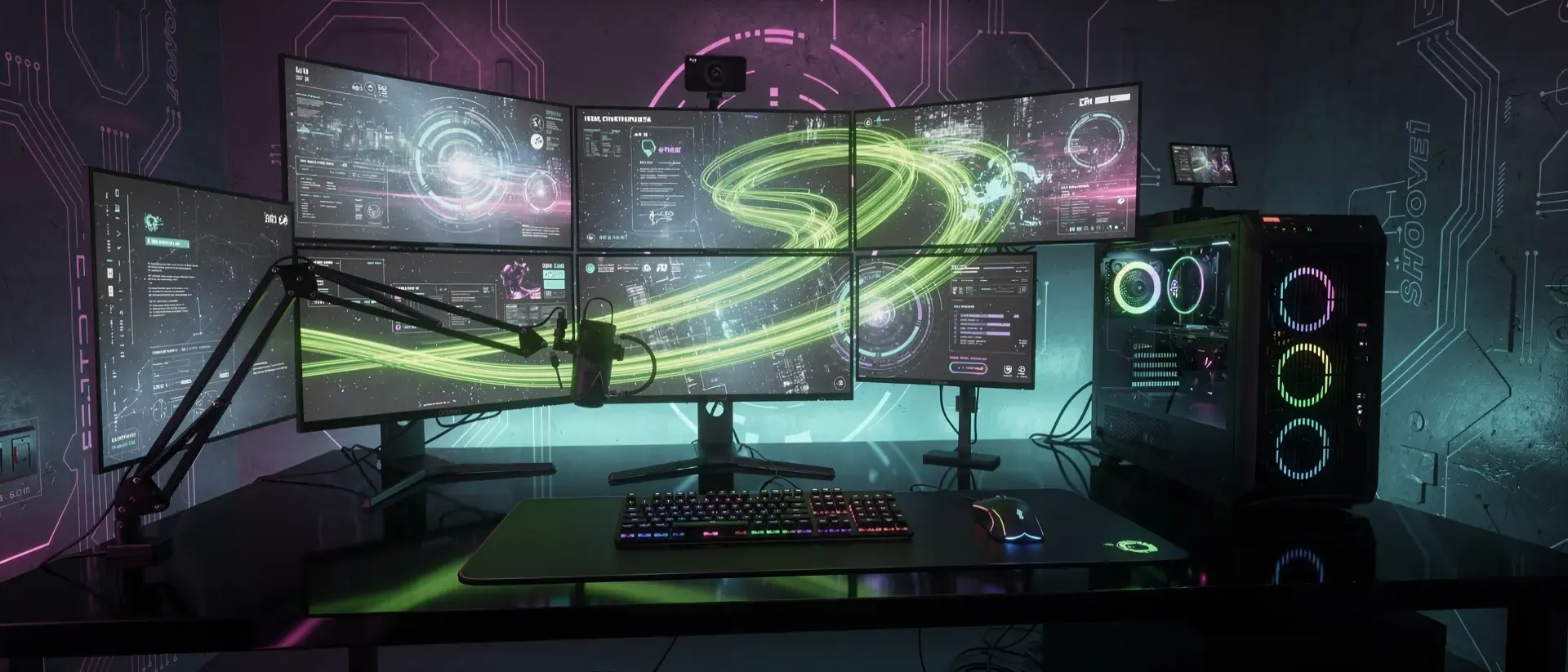 Futuristisches Cyberpunk-Gaming-Setup mit mehreren Curved-Monitoren, RGB-Peripherie und leuchtend neongrünen Lichteffekten in einem dunklen Raum.