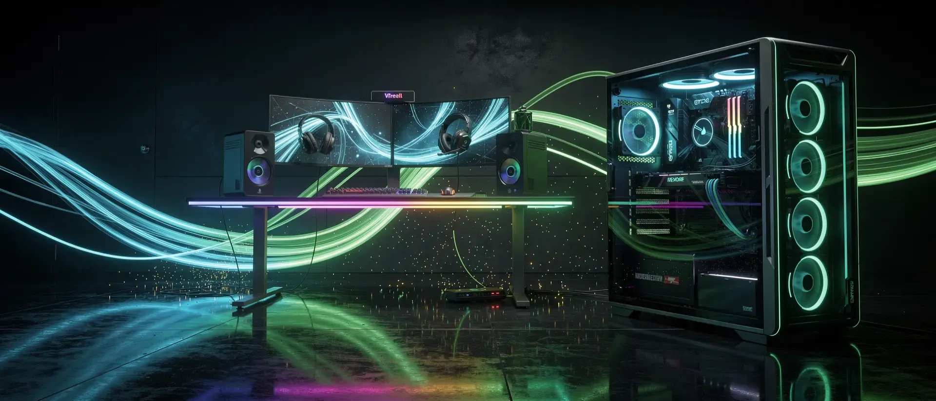 Futuristische Cyberpunk-Gaming-Station mit leuchtendem PC, Neon-Akzenten in Cyan und Grün sowie holografischen Effekten in dunkler Atmosphäre.