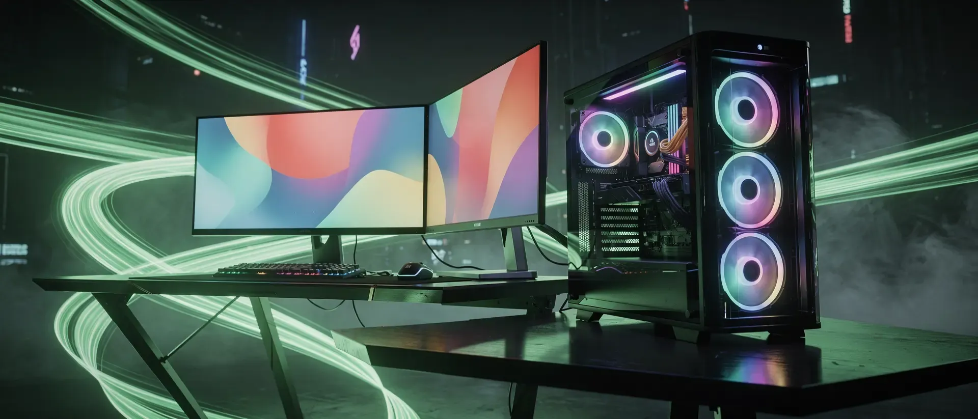 Futuristisches Cyberpunk-Gaming-Setup mit leuchtenden neongrünen Lichtspuren und eleganten SSDs in glühenden Racks vor dunklem Hintergrund.
