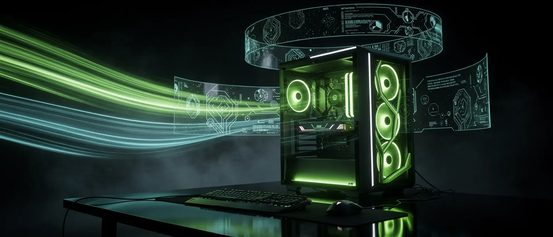 Ein futuristischer Gaming-PC in einem dunklen Cyberpunk-Setting mit leuchtend neongrünen Lichteffekten und schwebenden holografischen Datenbändern.