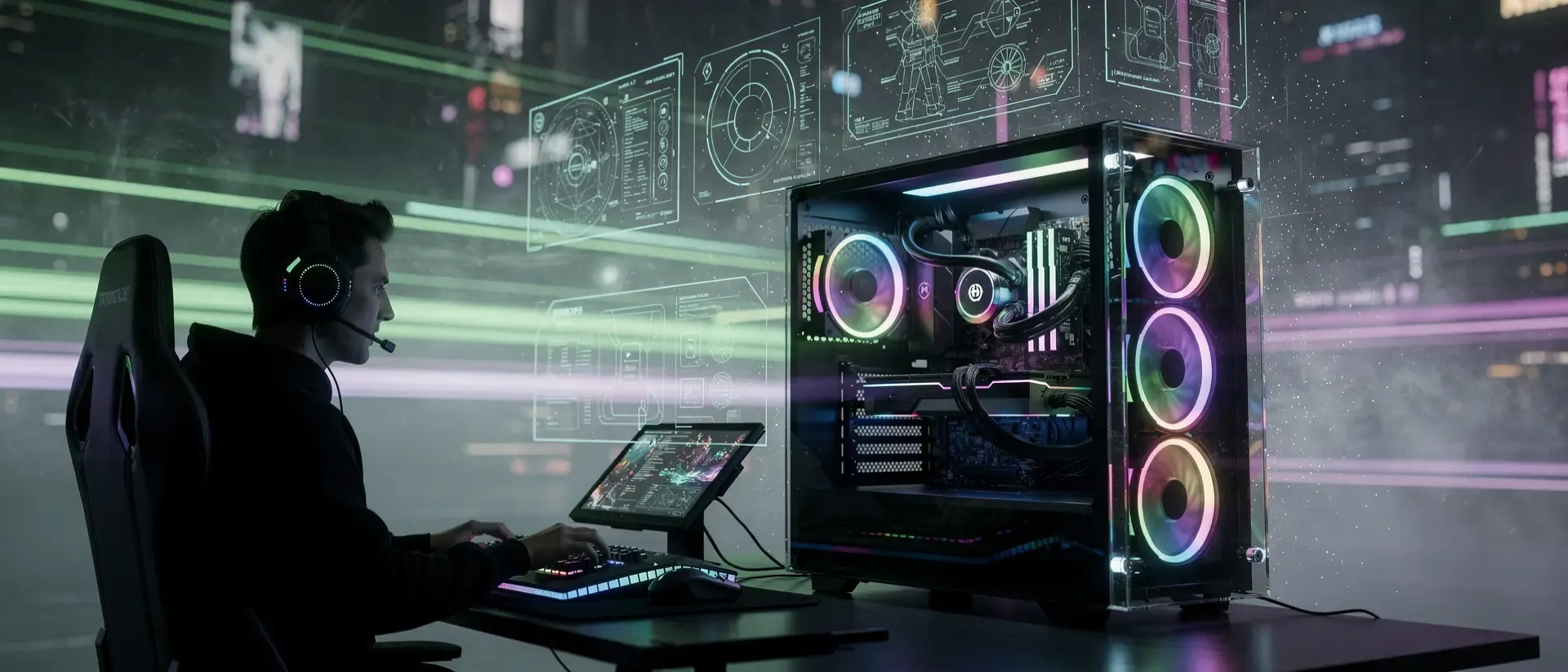 Ein futuristischer Cyberpunk-Gaming-Arbeitsplatz mit einem transparenten PC, Neon-Akzenten in Grün und der Silhouette eines Streamers.