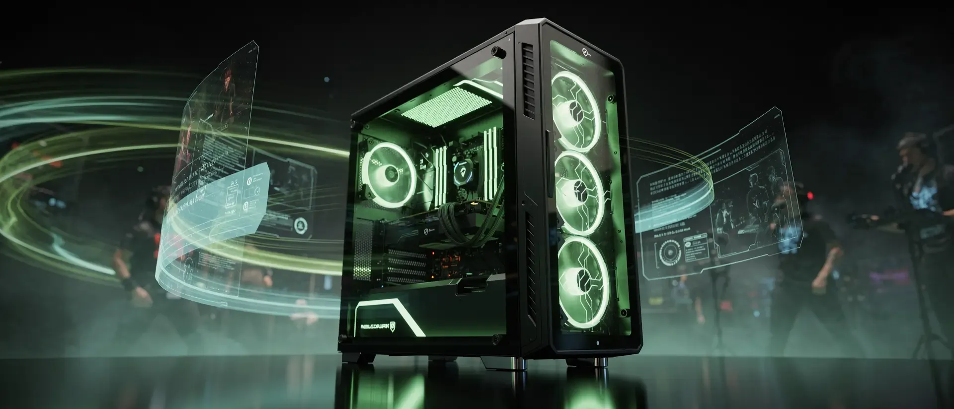 Futuristischer High-End-Gaming-PC in neon-grüner Cyber-Ästhetik mit schwebenden Hologrammen und leuchtenden Lichtspuren vor dunklem Hintergrund.