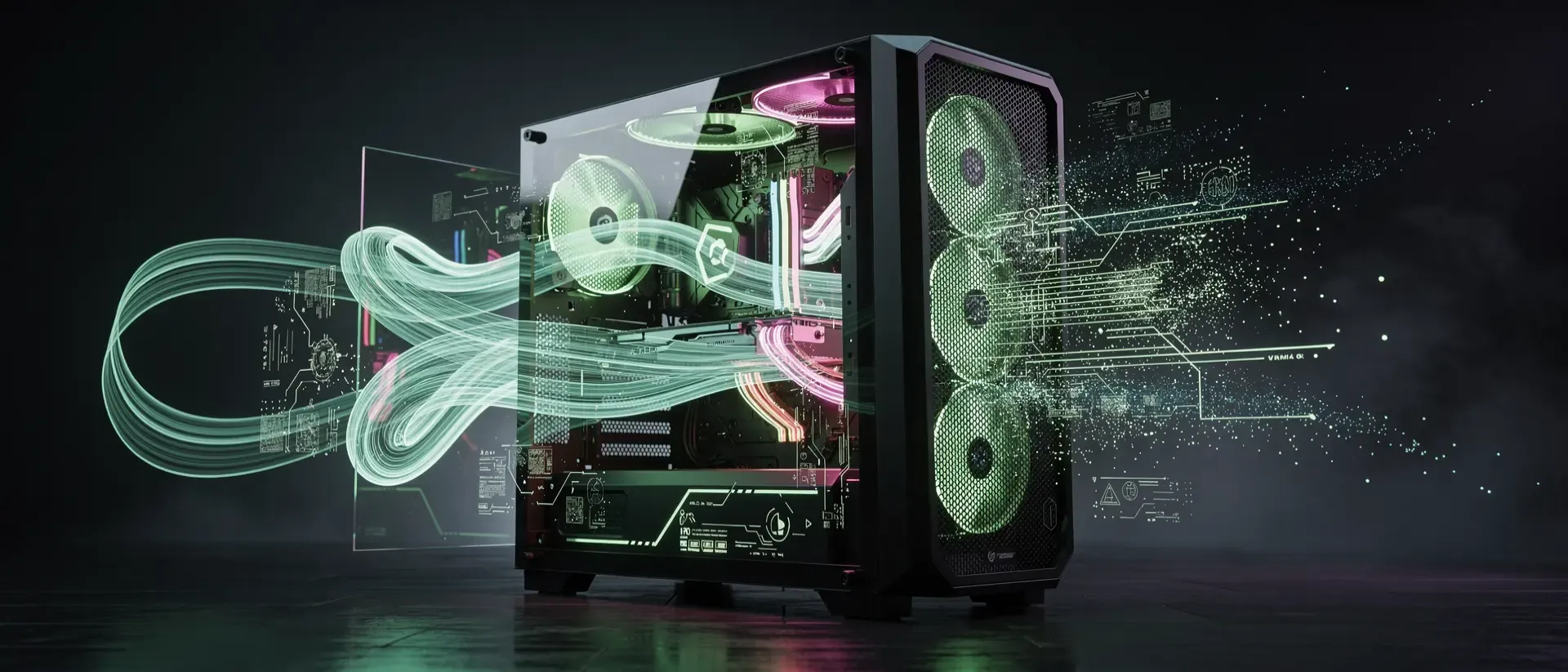 Futuristischer Cyberpunk-Gaming-PC mit neon-grünen Lichtakzenten, holografischen Partikelströmen und abstrakten Schaltkreismustern vor dunklem Hintergrund.