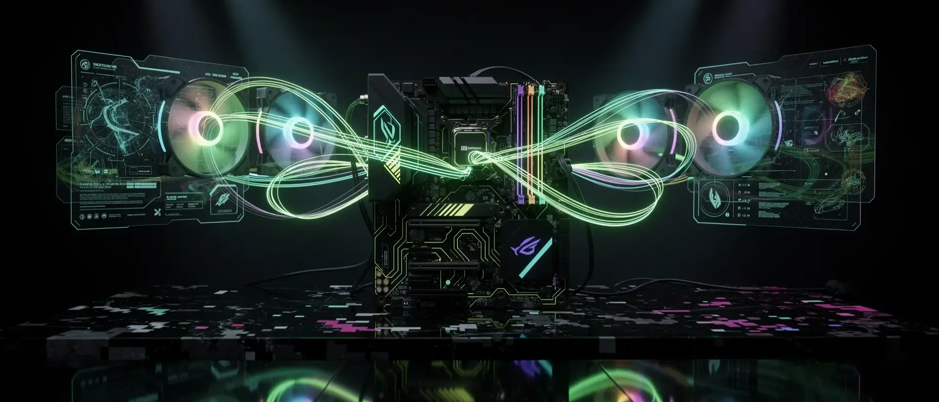Futuristische Gaming-Station in Dunkelheit mit neon-grünen Lichteffekten, holografischen Datenströmen und einer hochmodernen, wassergekühlten Hardware.