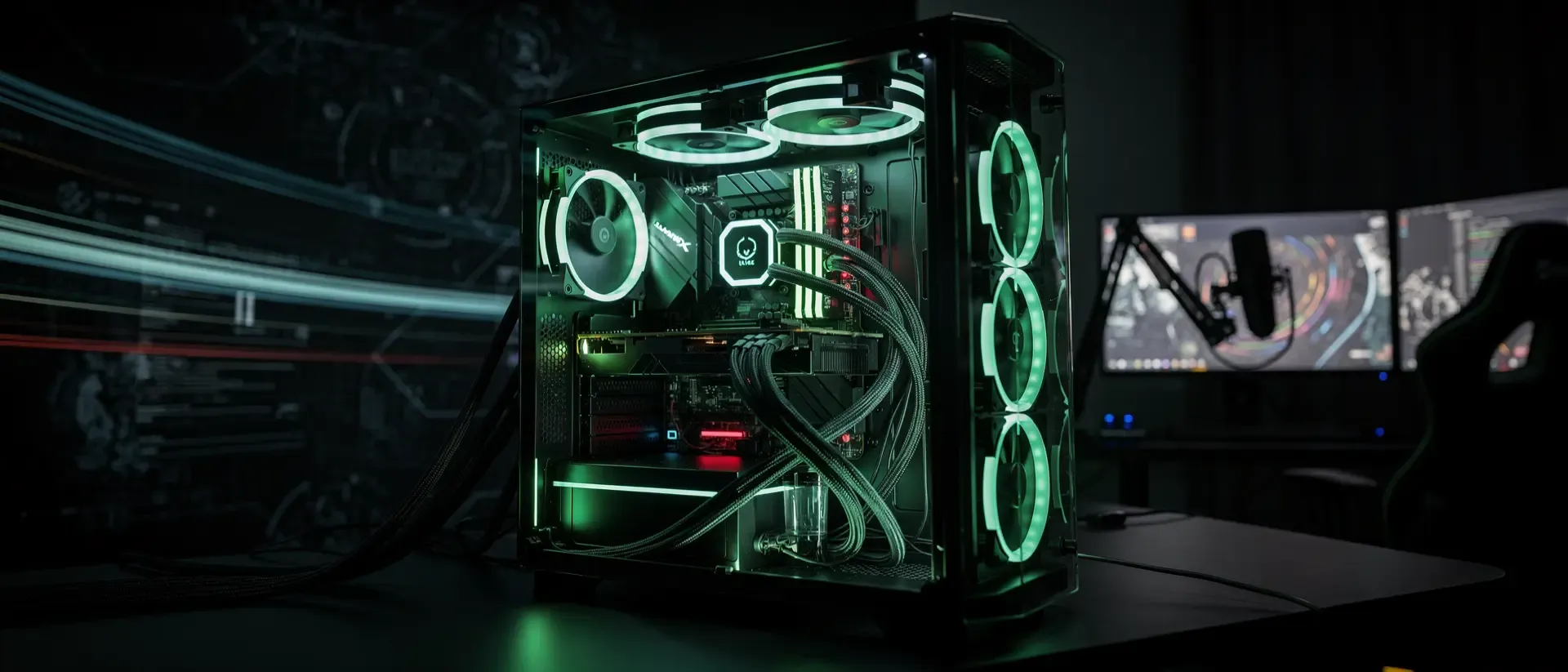 Ultrawide-Gaming-PC mit neon-grünen Lichtakzenten, komplexer Kabelführung und futuristischen Lichteffekten vor dunklem Hintergrund.