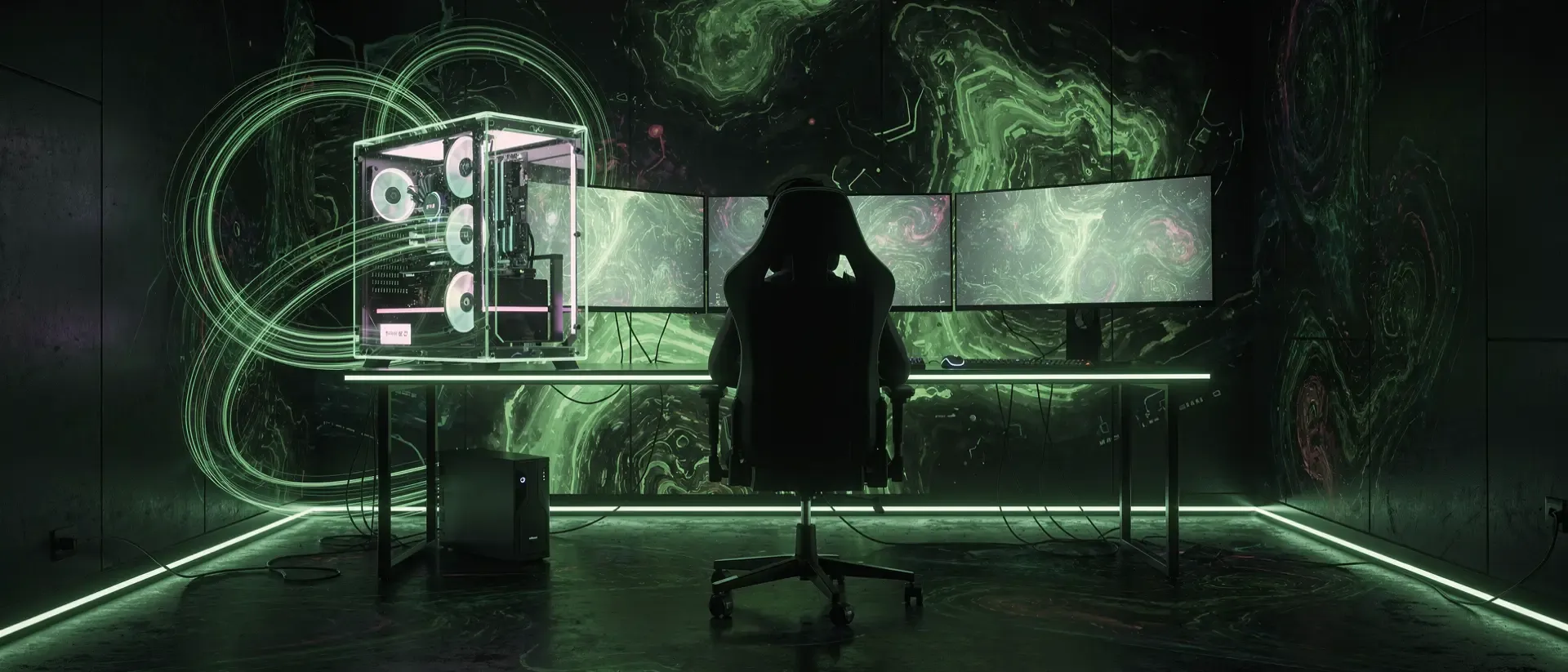 Ein futuristisches Cyberpunk-Gaming-Setup mit leuchtend grünen Neon-Akzenten, holografischen Lichteffekten und der Silhouette eines Streamers.