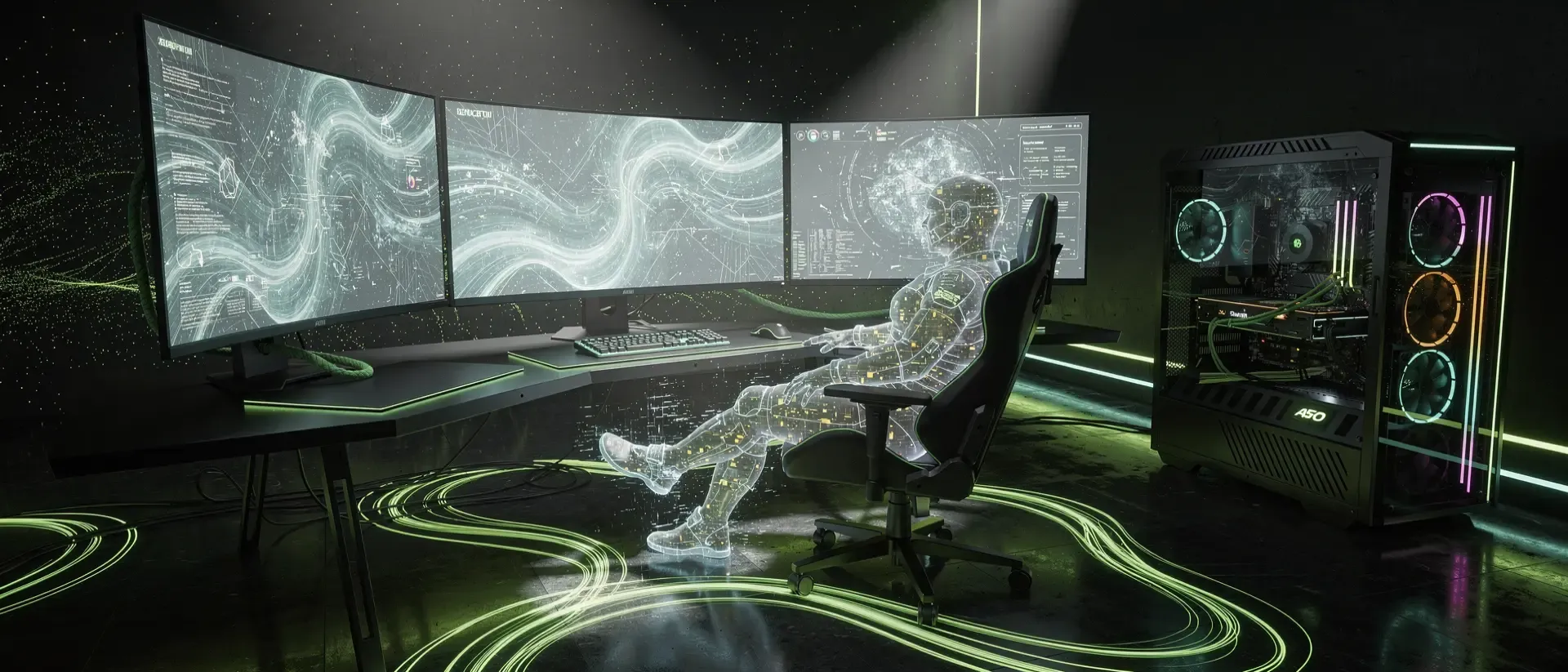 Gaming‑Command‑Center, dunkler Spiegelboden, Neon‑Grün‑Lichtspuren, pulsierender RGB‑PC‑Turm, gekrümmte Monitors, holografischer Avatar.