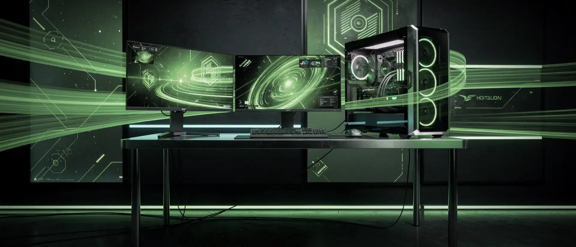 Ein ultrawides, neongrünes Cyber‑Aesthetic‑Streaming‑Setup mit dunklen Hintergründen, leuchtenden Lichtspuren und geschliffenen Metalloberflächen.