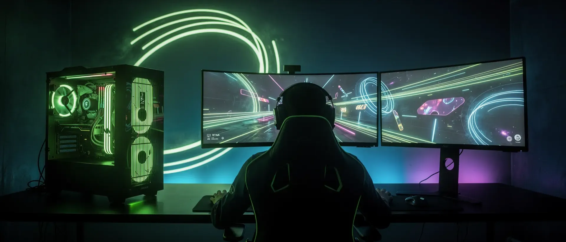 Ultrawide dunkler Hintergrund, Neon‑Grün‑Lichtspuren, cyber‑ästhetischer Gaming‑PC, Silhouette eines Gamers, Neon‑Reflexionen, Streamer‑Atmosphäre.