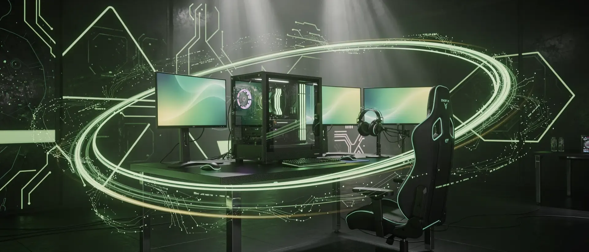 Dunkler, ultraweiterGaming‑Raum mit Neon‑Grün‑Akzenten, leuchtenden Lichtspuren um High‑End‑PC und Streaming‑Setup, schwebende digitale Schaltungen.