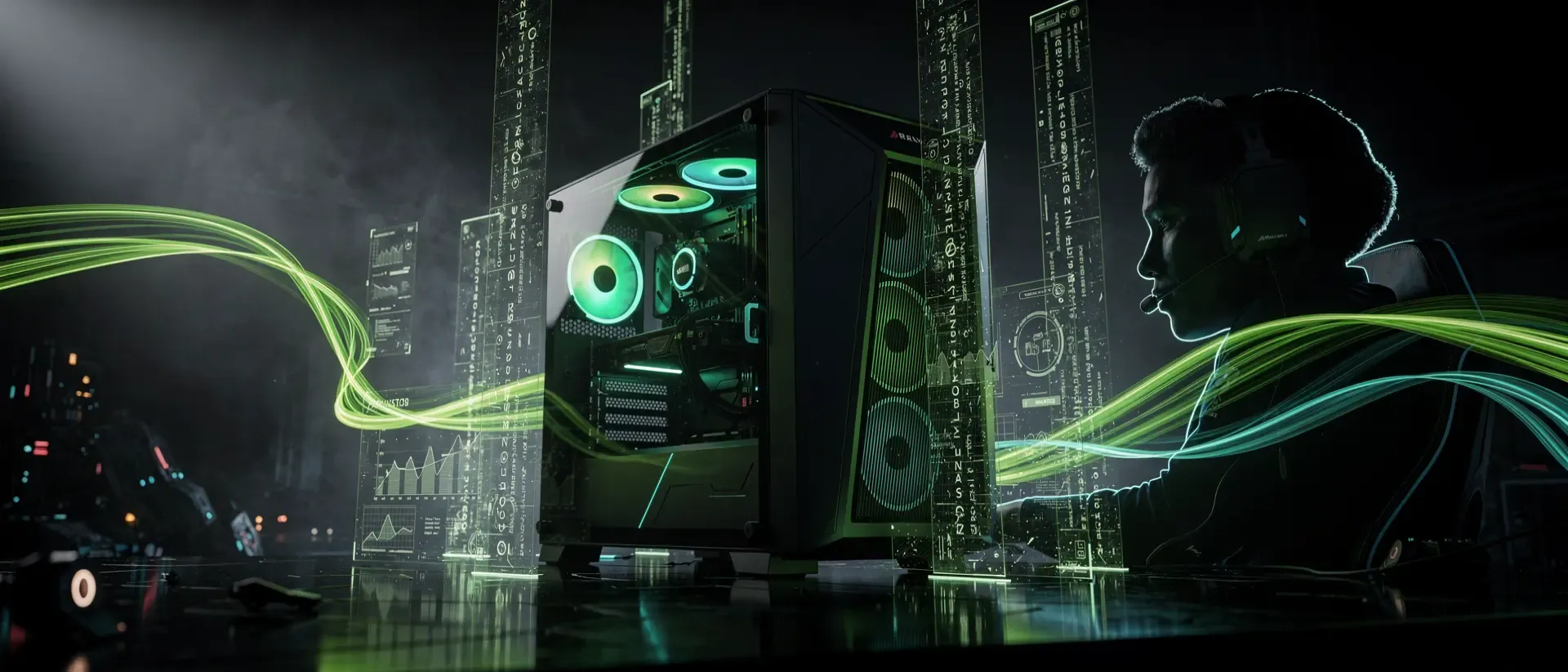 Dunkler Hintergrund, neongrüne Lichtströme umschmeicheln einen futuristischen PC‑Turm mit RGB‑Leuchten, einer Headset‑Silhouette und leuchtenden Banden.
