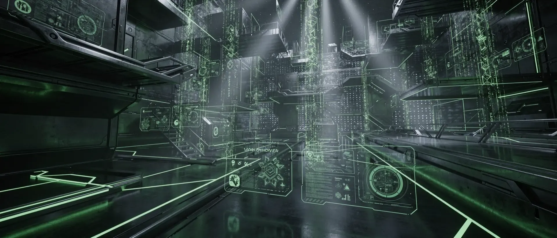 Futuristische Cyber‑Blog‑Szene, dunkler Hintergrund, neongrüne Leuchtlinien und holographische Datenströme über schlanke Metallarchitektur.