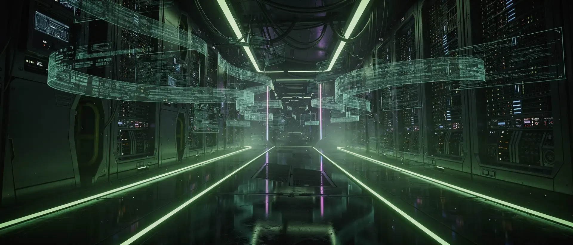 Eine ultrazweite, dunkle Cyberpunk-Szene mit neongrünen Akzenten, holografischen Datenströmen, futuristischen Servern und spiegelnden Chromflächen.