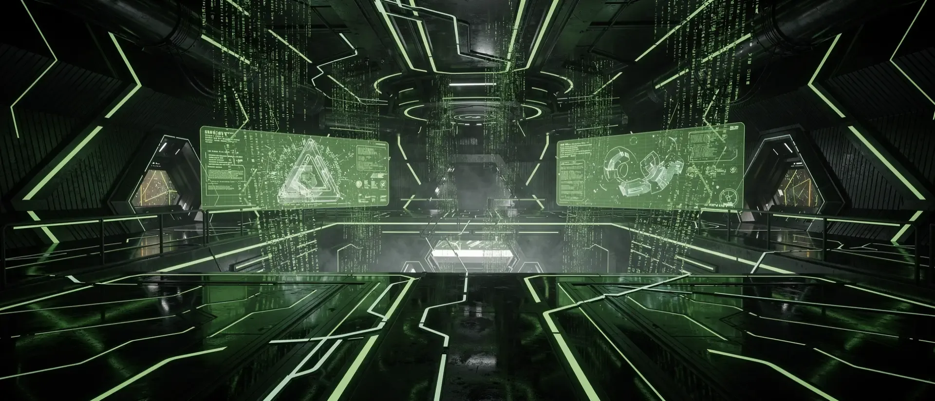 Ultrawide 21:9‑Ansicht einer futuristischen Cyber‑Blog‑Innenwelt, dunkler Hintergrund, grüne Neon‑Akzente, holografische Panels, schwebende Datenströme an Metall.