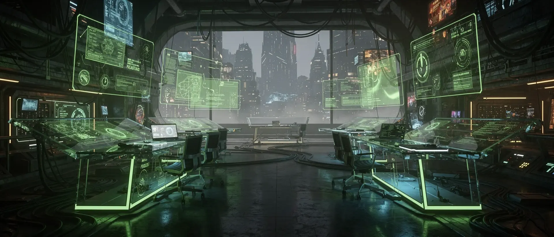 FuturistischesCyber‑Blog, ultrawides 21:9‑Cockpit, dunkle dystopische Kulisse, Glas‑Konsolen mit Neon‑Grün‑Leuchten und schwebende holographische Daten.