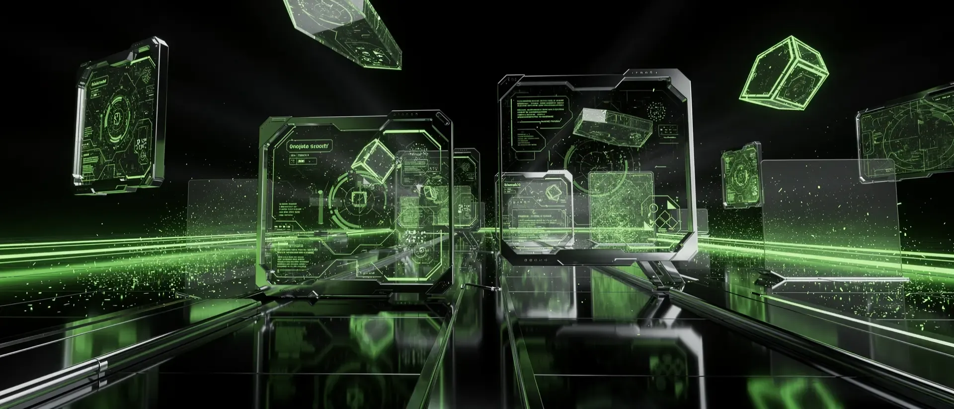 Ultrawide cyber‑blog: neongrüne Schaltungen, holographische Datenströme auf Metallplatten, abstrakte Formen.