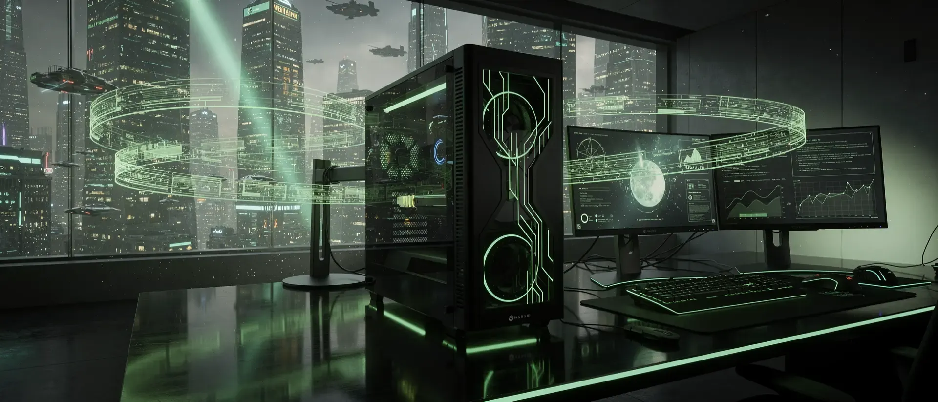 Eine ultrawide, dunkle Gaming‑Zentrale mit schwarzen PC‑Türmen, grünen Neonlichtstreifen und holografischen Datenströmen, die Cyber‑City zeigen.