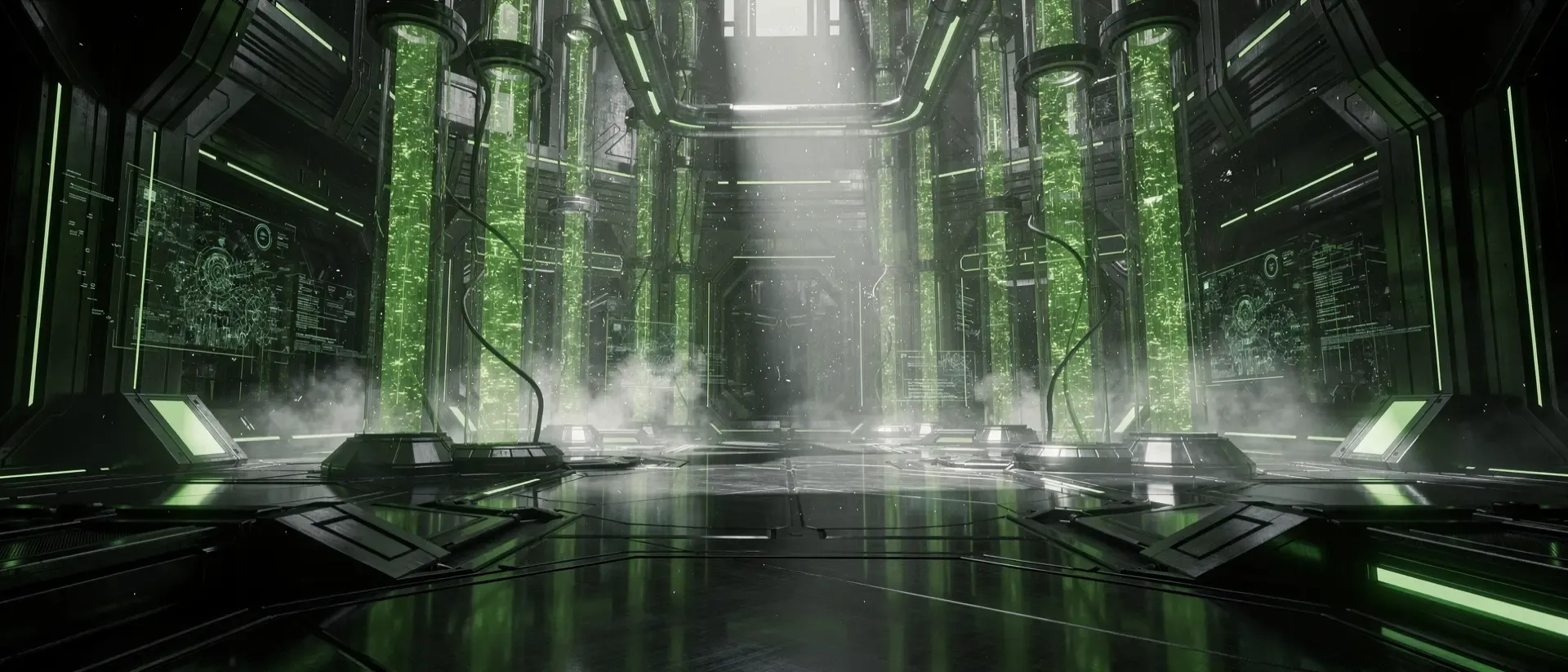 Dunkler Cyber‑Interior, ultrawide, neongrünes Fluid in transparenten Rohren, elektrischen Akzenten, hohem Kontrast‑Volumenlicht, holographische Muster.