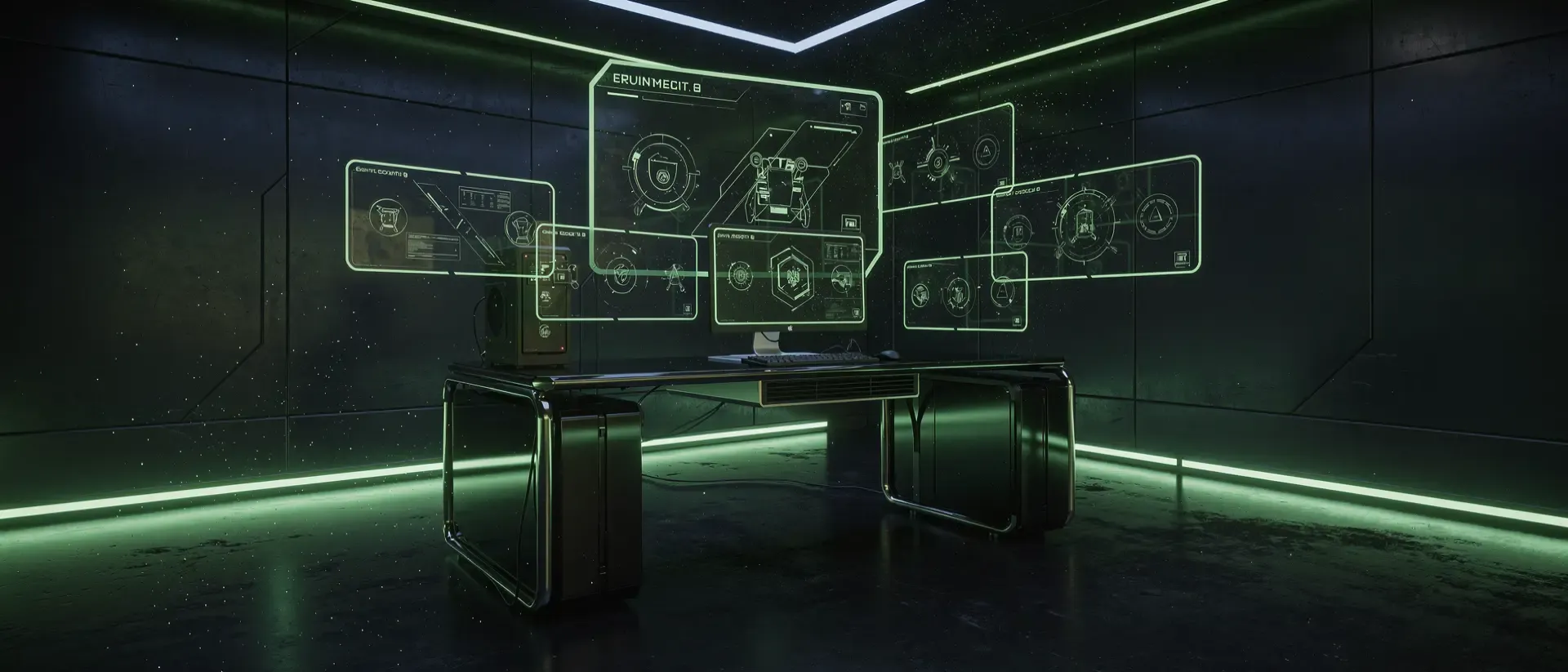 Ultrawide Cyber‑Punk‑Gaming‑Szene, dunkler Hintergrund, neon‑grüne Akzente, holographische UI‑Paneele und schimmernde schwarze Chrome‑Oberflächen.