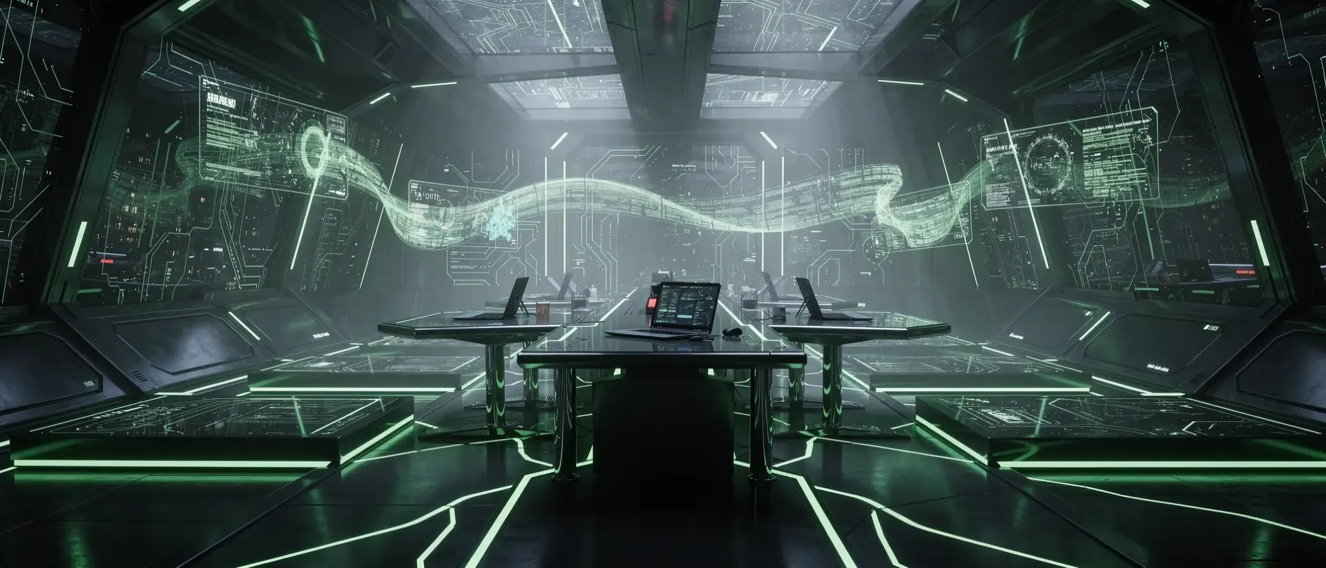Eine ultraweite, dunkle cyberpunk-Blog-Innenansicht mit neongrünen Akzenten, schwebenden holografischen Schaltkreisen und spiegelnden Chromflächen.