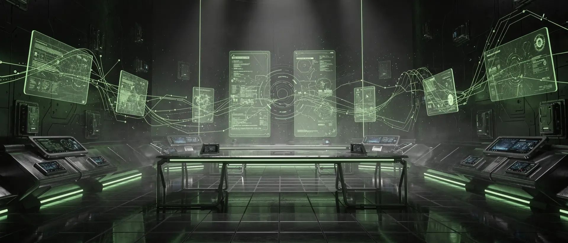 Eine ultrawide Cyber-Blog-Innenwelt mit dunklem Hintergrund, neongrünen Akzenten, schwebenden holographischen Panels und reflektierendem Chrome-Metall.