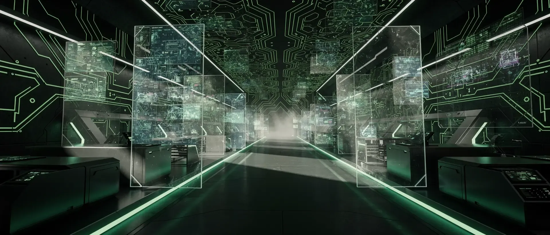 21:9-Weitblick in ein dunkles Cyber‑Blog mit neon‑grünen Schaltkreisen, holografischen Datenströmen und schimmernden Metallflächen.