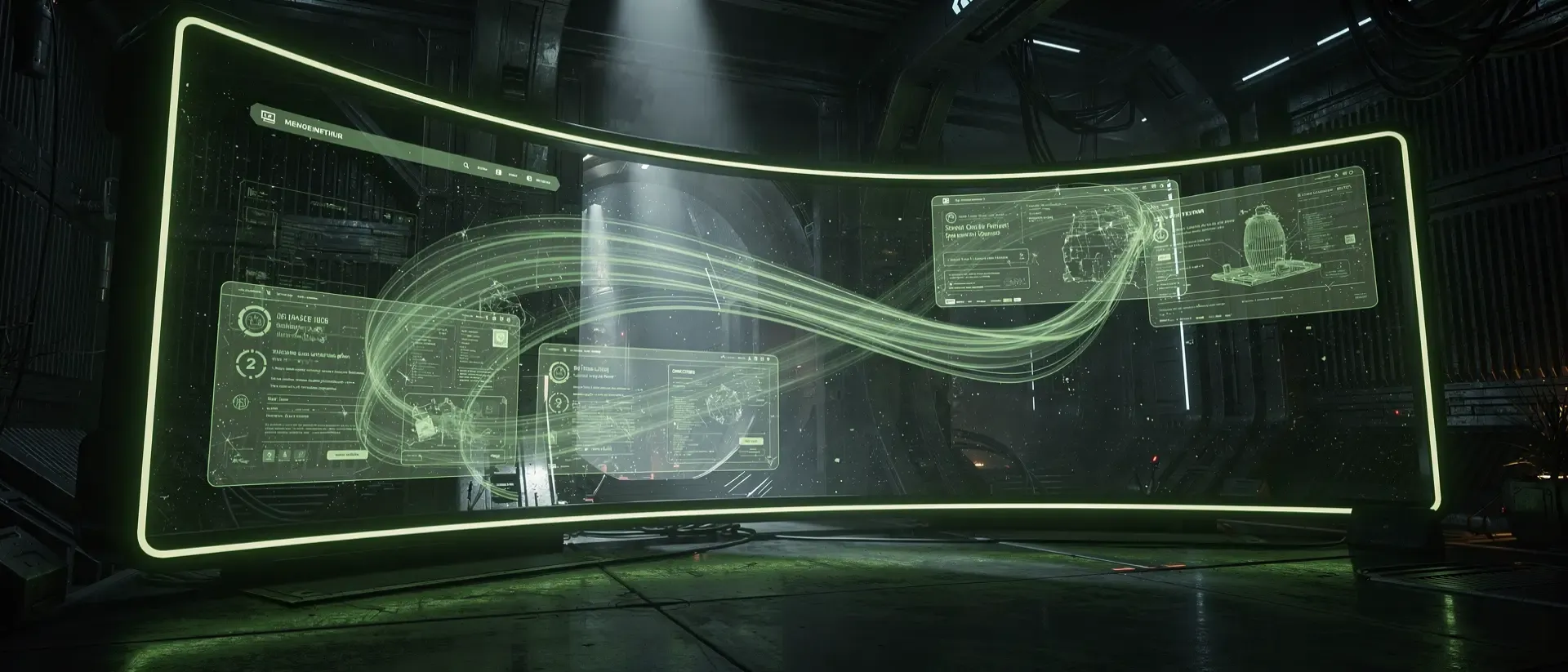Eine Cyberpunk Szene zeigt ein BlogInterface mit neongrünen Akzenten, holographischen Panels und schwebenden Datenströmen.