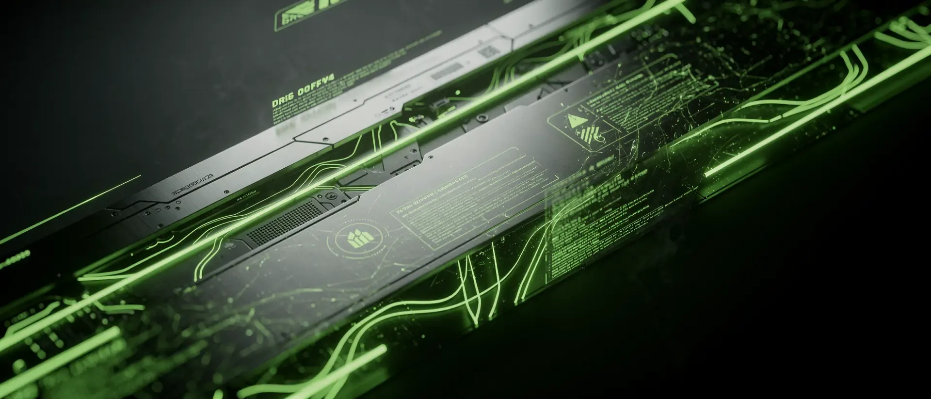 Ultraweit Cyber-Blog mitdunklem Hintergrund, neongrünen Akzenten, holografischen Datenströmen, metallischen Oberflächen, ohne Text.