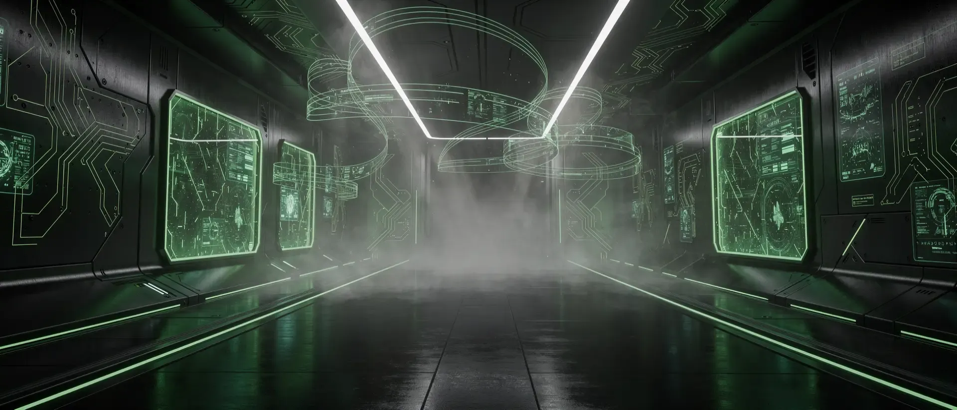 Dunkle, ultrazweite Cyberpunk-Blog mit neongrünen Akzenten, holographischen Panels, Schaltkreisen auf spiegelndem Boden.