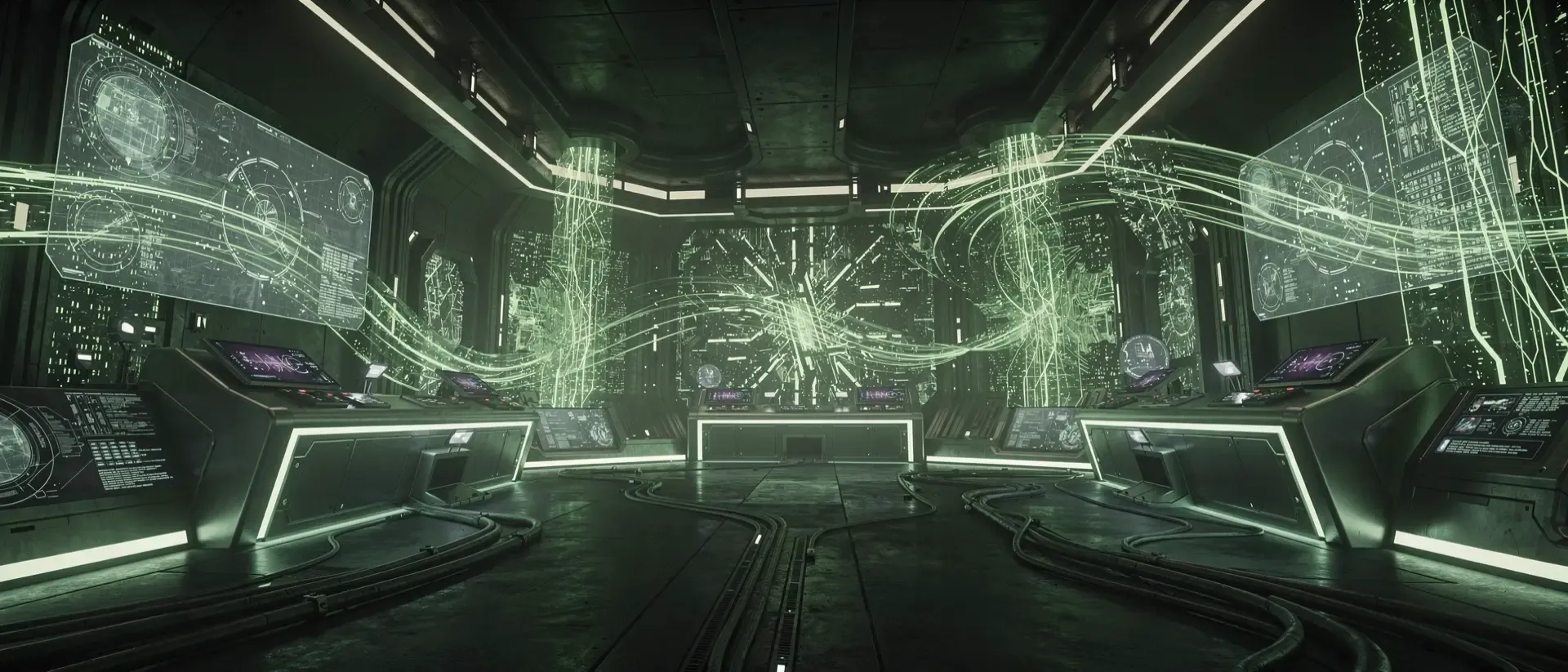 Ultraweiter futuristischer Cyberpunk Kontrollraum mit dunklem matten Hintergrund, leuchtenden grünen Schaltkreisen und pulsierendem Metall.