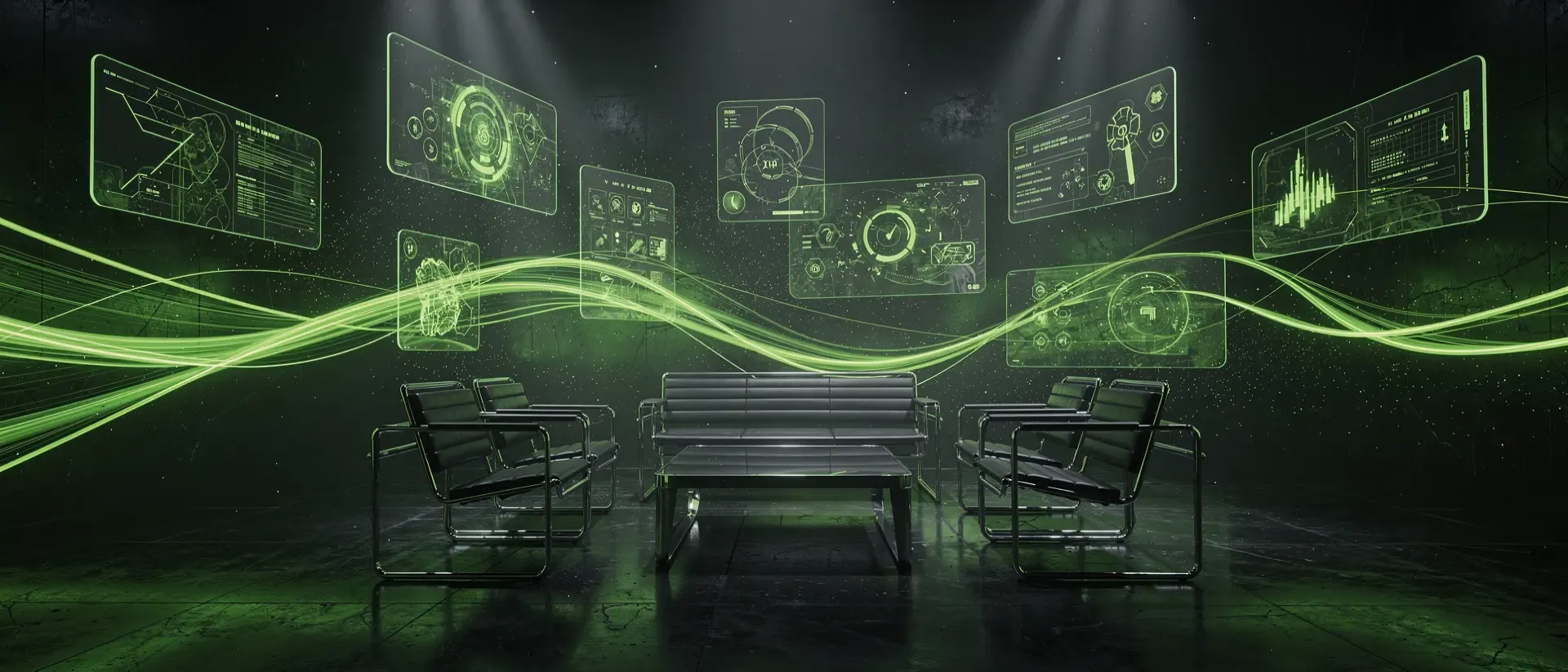 Futuristische Cyberpunk-Blog-Inneneinrichtung mit dunklem Hintergrund, neon-grünen Akzenten, holografischen UI-Panels und schwebenden Datenströmen.
