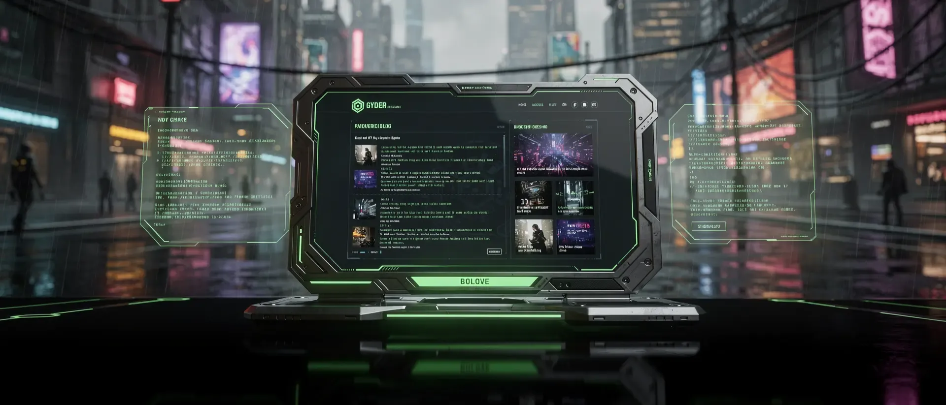 Futuristische Cyberpunk-Szene mit neon-grünen Akzenten, holografischen Paneelen und regennassen Straßen auf glänzenden Metalloberflächen.