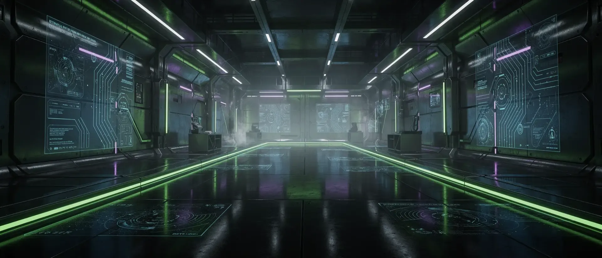 Futuristisches Cyberpunk-Interieur mit glänzenden Metallstrukturen, neongrünen Akzenten und leuchtenden holografischen Schaltkreismustern.