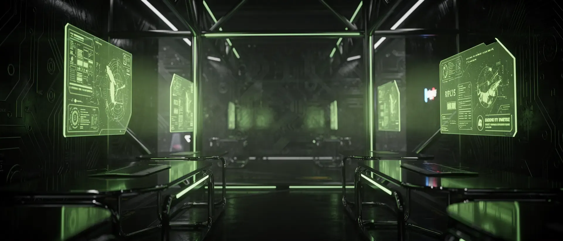 Futuristisches Cyberpunk-Blog-Interieur mit dunklem Hintergrund, neon-grünen Akzenten, glühenden Schaltmustern und holografischen Paneelen.
