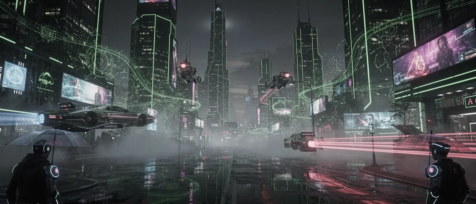 Cyberpunk-Metropole bei Nacht mit neon-grünen Akzenten, regennassen Straßen, fliegenden Fahrzeugen und holografischen Lichteffekten im Weitwinkel.