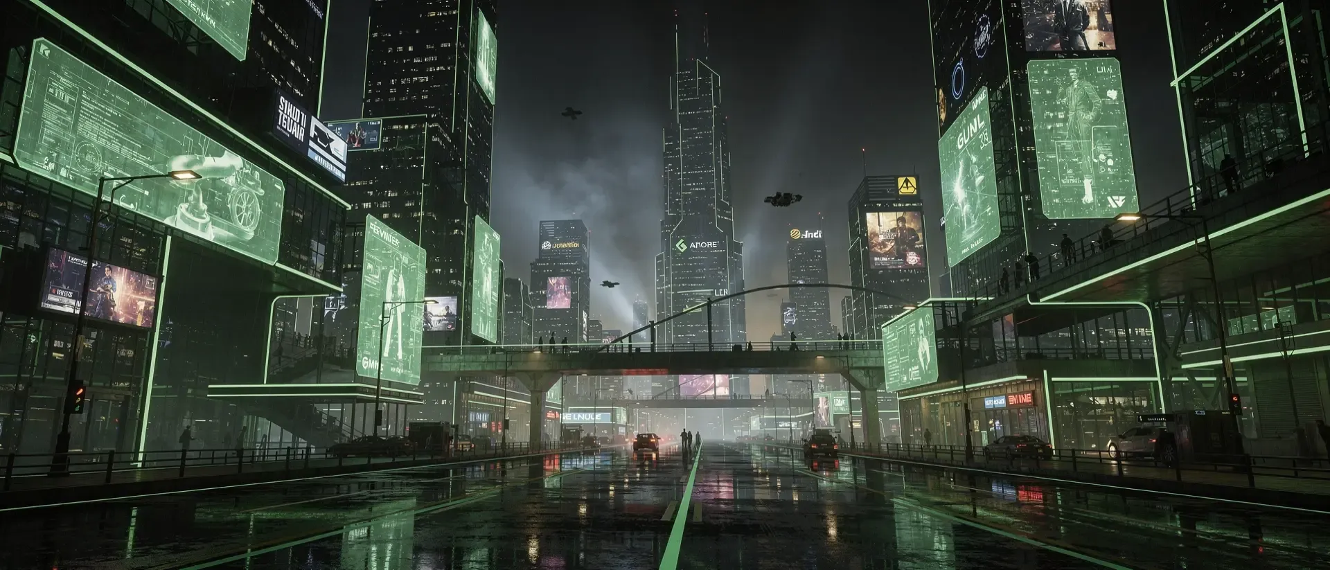 Ultrawide-Cyberpunk-Stadtlandschaft bei Nacht mit leuchtenden neongrünen Akzenten und holografischen Lichtreflexionen in einer futuristischen Szenerie.