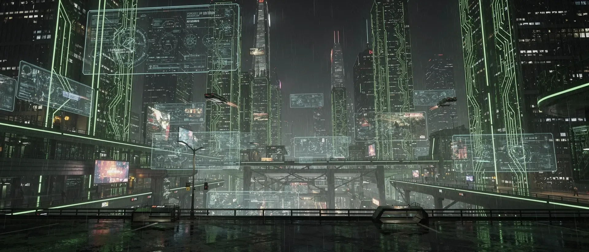 Cyberpunk-Stadtlandschaft bei Nacht mit neon-grünen Schaltkreisen, holografischen Datenströmen und futuristischen Gebäuden in dramatischer Beleuchtung.