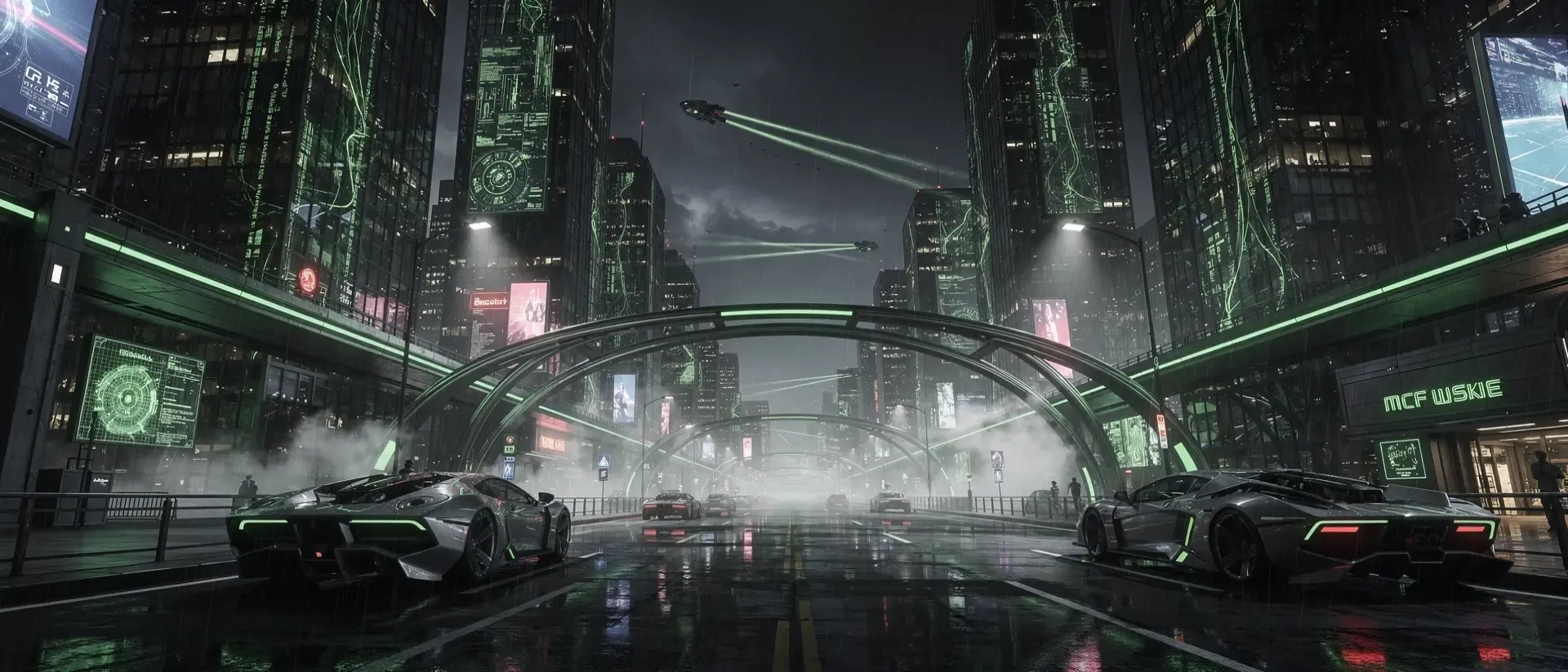 Eine cineastische Cyberpunk-Metropole bei Nacht mit glänzenden Chrombögen, neon-grünen Lichtakzenten und reflektierenden Straßen unter voluminösem Nebel.