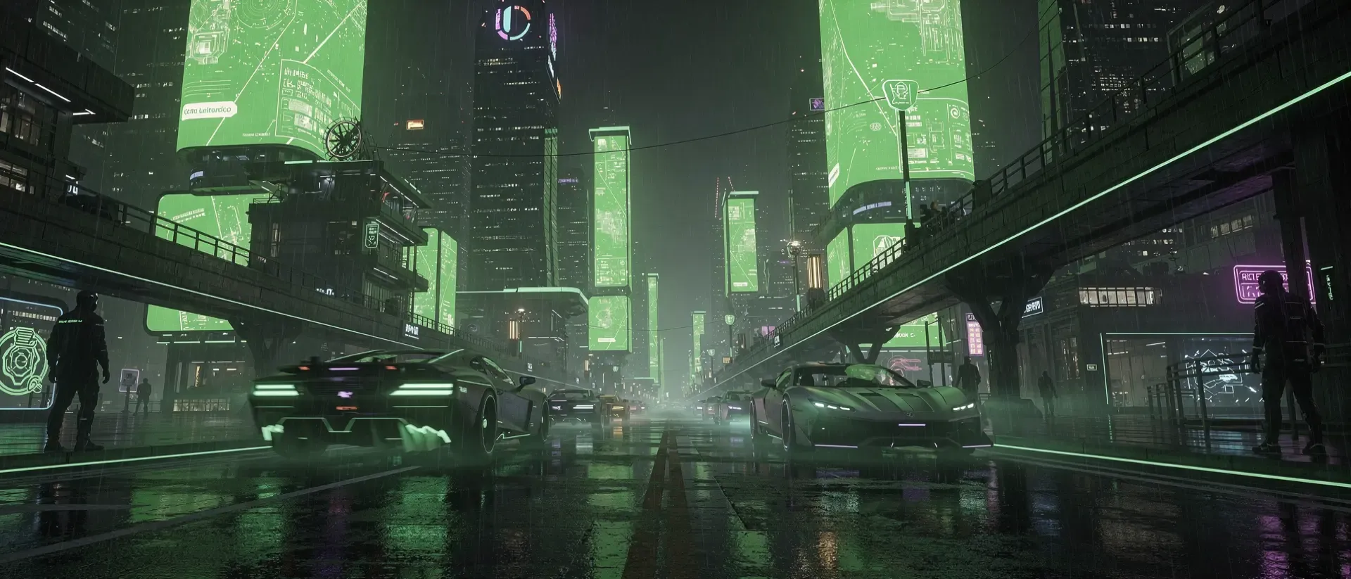 Eine cineastische Cyberpunk-Metropole bei Nacht mit neongrünen Hologrammen, regennassen Straßen und fliegenden Autos im atmosphärischen Nebel.