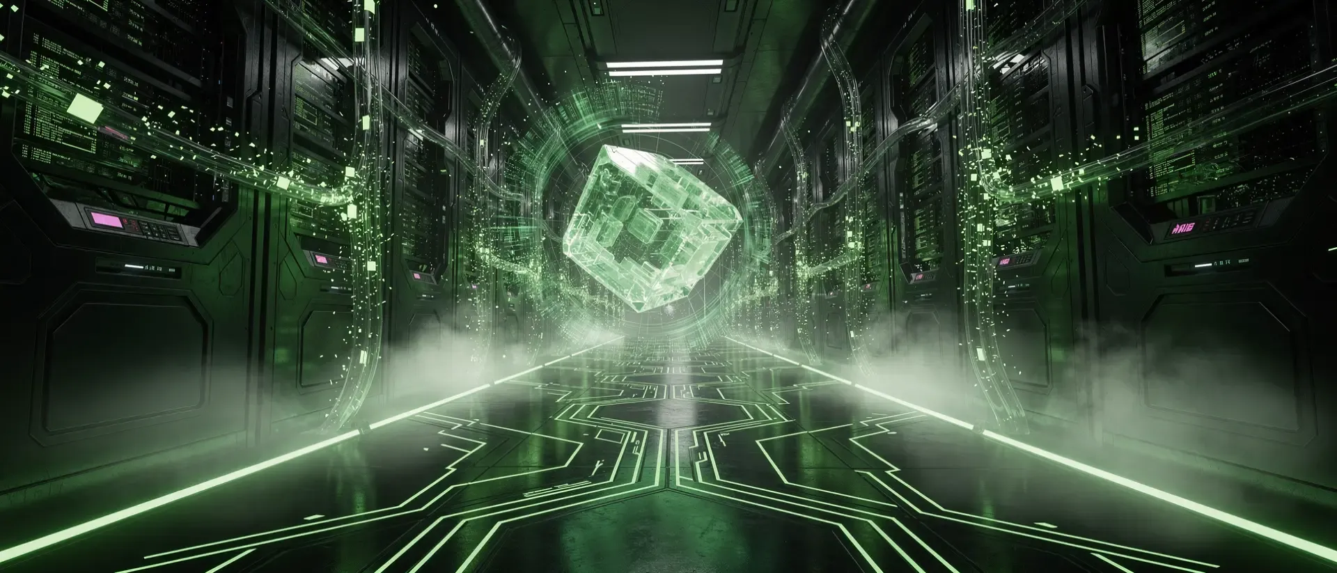 Futuristische Cyberpunk-Datenzentrum-Korridor mit leuchtend neongrünen Schaltkreisen, Hologramm-Speicherkern und digitalem Datenstrom im Nebel.