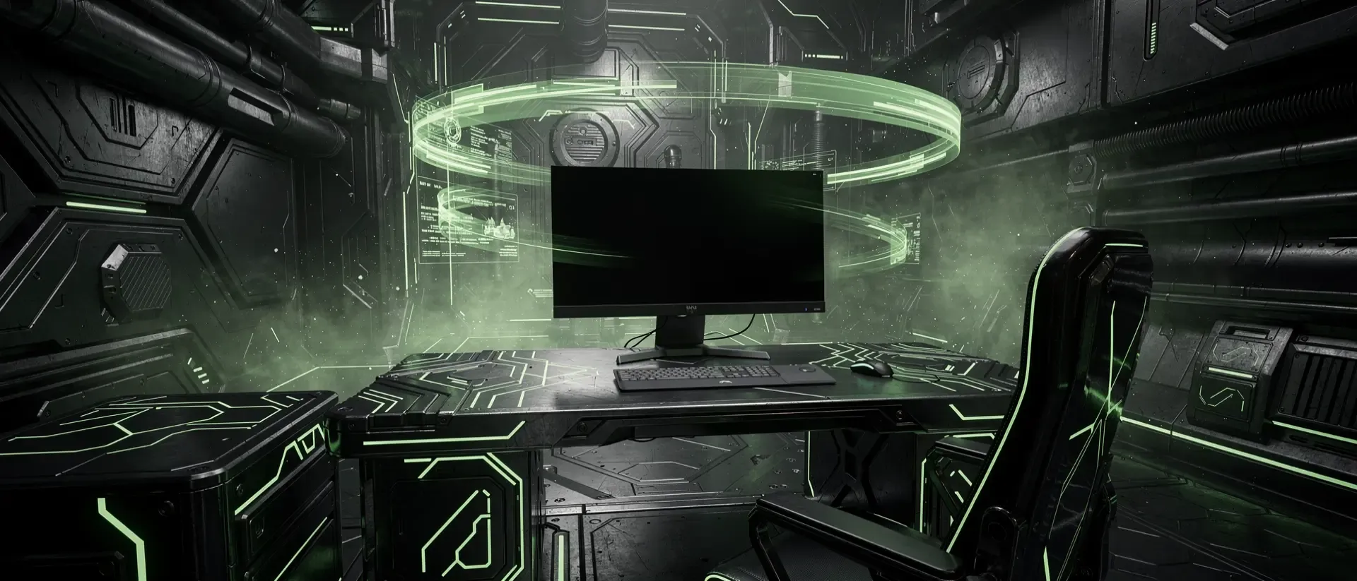 Futuristische Cyberpunk-Gaming-Station mit schwebendem OLED-Monitor, neongrünen Schaltkreis-Mustern und holografischen Datenströmen in dunkler Atmosphäre.