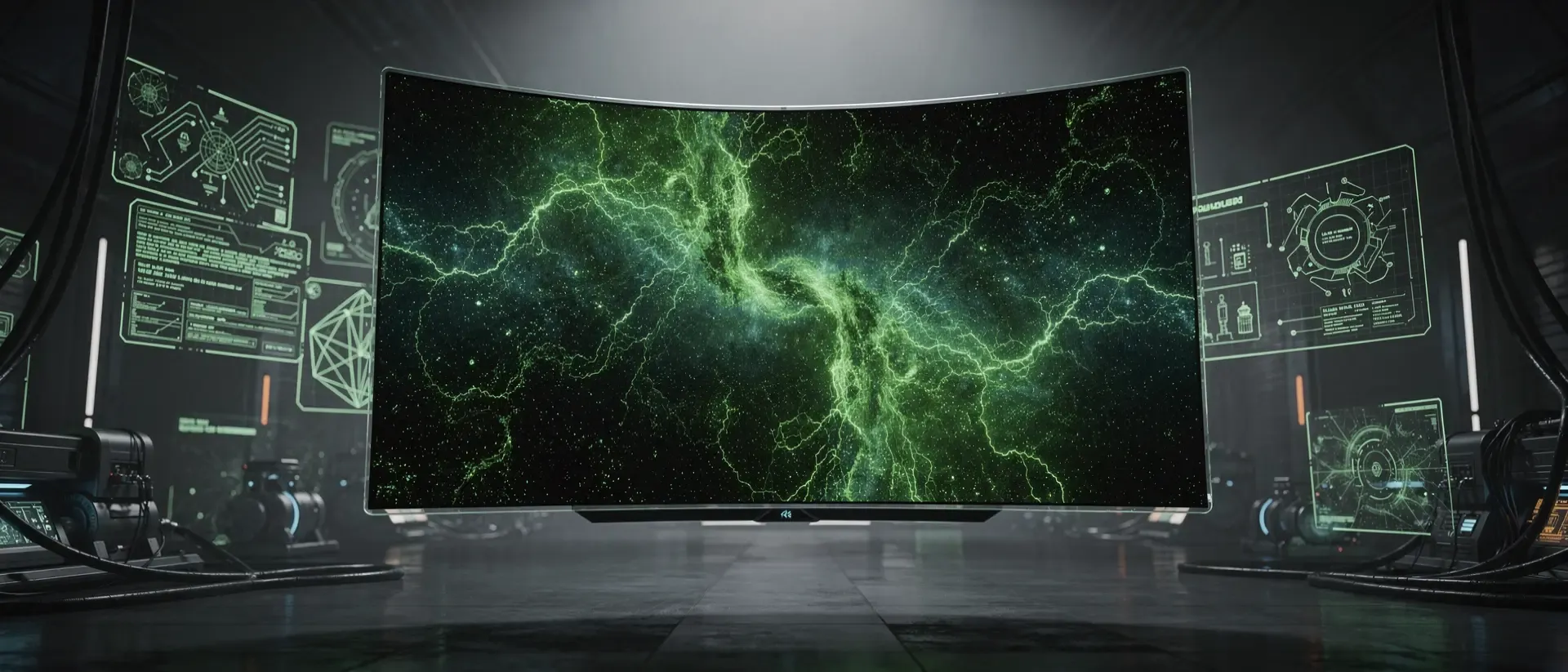 Futuristisches Cyberpunk-Labor mit einem schwebenden, transluzenten Monitor, der eine neon-grüne kosmische Nebula in dunkler Atmosphäre zeigt.