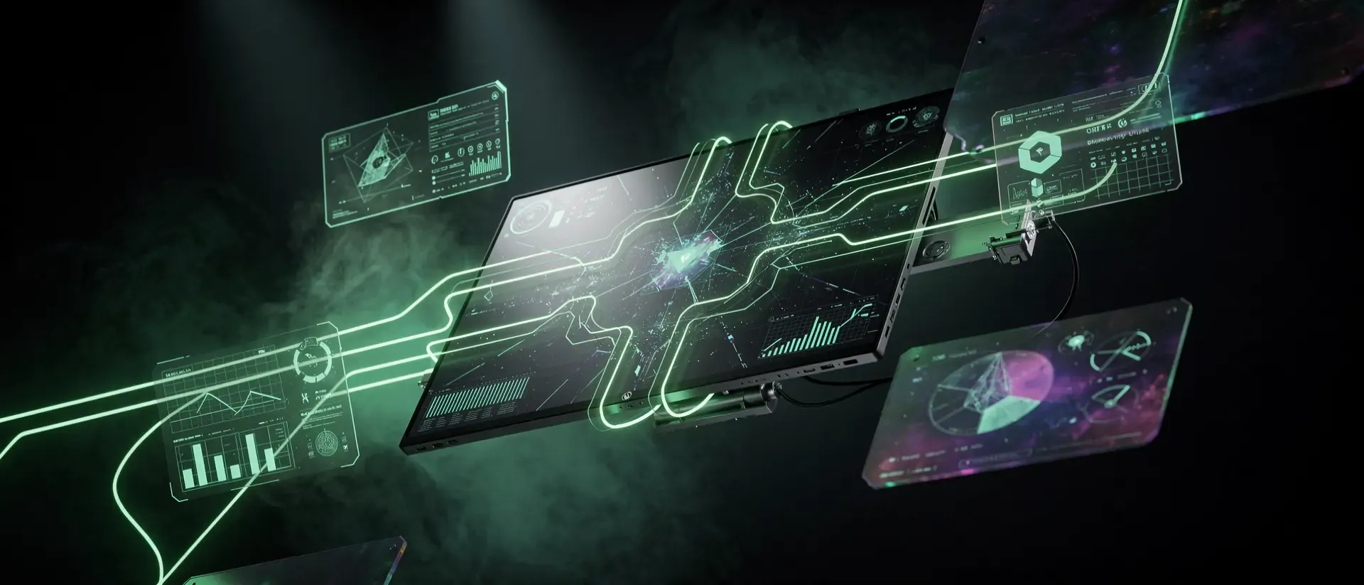 Ein futuristischer Cyberpunk-Arbeitsplatz mit einem schwebenden OLED-Monitor in einer dunklen Umgebung, durchzogen von leuchtend neongrünen Schaltkreislinien.