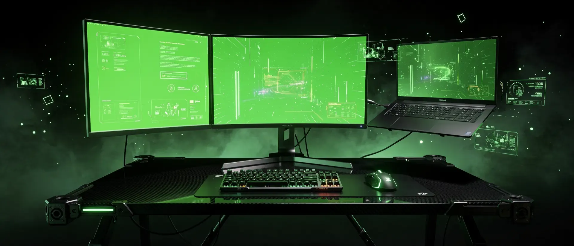 Futuristischer Cyberpunk-Gaming-Setup in einer dunklen Umgebung mit neongrüner Beleuchtung, Ultrawide-Monitor und holografischen Partikeln.