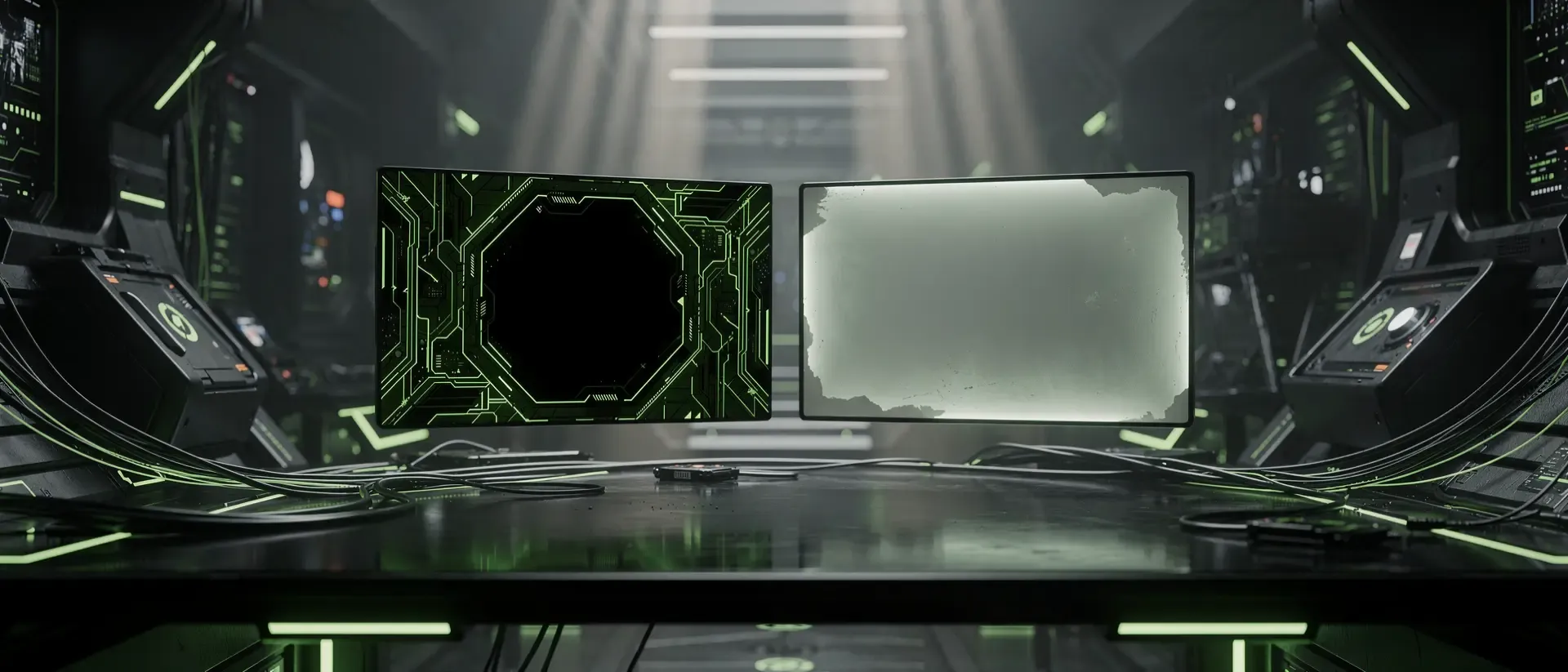 Futuristische Cyberpunk-Arbeitsstation mit zwei schwebenden Hologramm-Displays und leuchtenden neongrünen Schaltkreismustern in dunkler Laborumgebung.